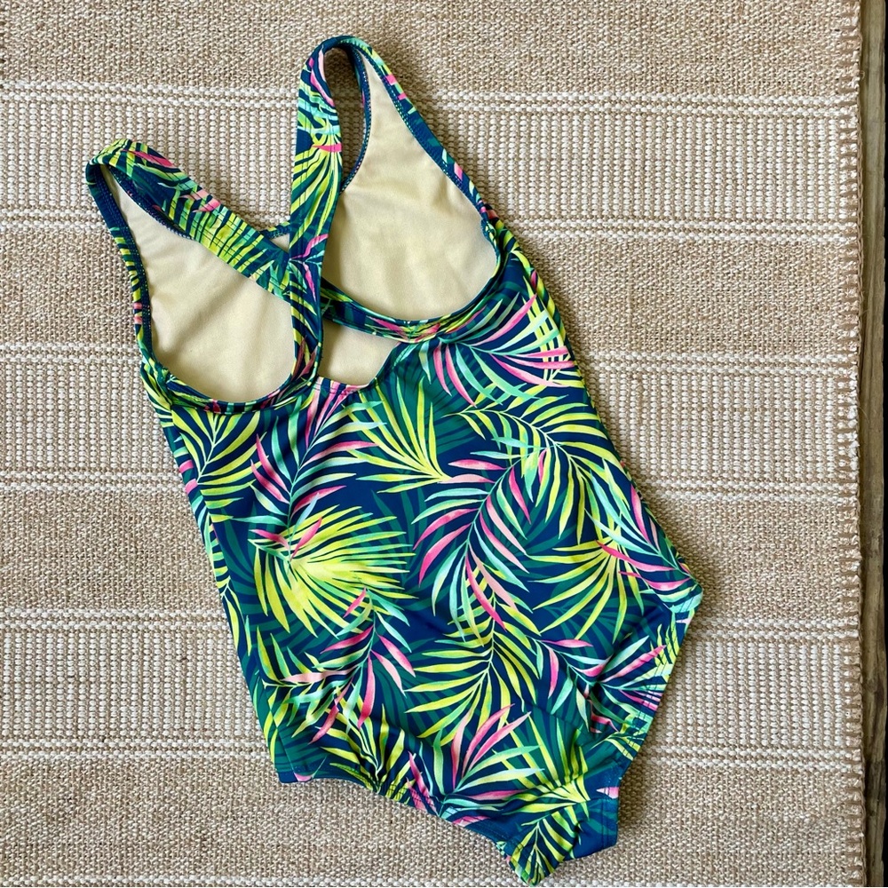 Lands' End One Piece Green and Yellow Swimsuit with Tropical Print Sz 5 - Picture 3 of 7
